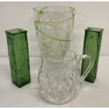 A Royal Brierley cut crystal water jug together with a pair of vintage green glass vases & 1 other.