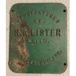 A vintage green painted cast iron R.A. Lister & Co Ltd wall hanging sign.