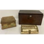 3 trinket and keepsake boxes. To include a dark oak box with mother of pearl escutcheon.