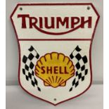 A painted cast metal Triumph wall hanging plaque, in red, white, black & yellow.