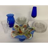 A collection of glassware to include a coloured Murano glass bowl with folded rim.
