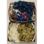 2 boxes of vintage haberdashery silk fringes, tassels and braid.