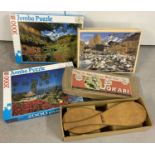 3 large boxed jigsaw puzzles together with a vintage boxed "Jokari" bat & ball game.