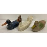 3 wooden carved and painted folk art birds; 2 ducks and a chicken.