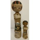 2 vintage wooden Japanese Kokeshi dolls with natural silver birch branch wood detail.
