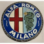 A circular shaped painted cast metal Alfa-Romeo wall hanging plaque.