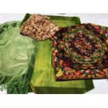 3 vintage chenille tablecloths/throws. Together with a hand sewn floral chenille fabric.