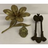 3 items of vintage metal ware to include a Gothic style door knocker with bat detail.