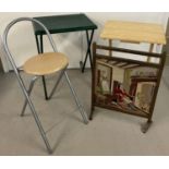 A vintage wooden framed tapestry fire screen together with 2 modern small folding tables.