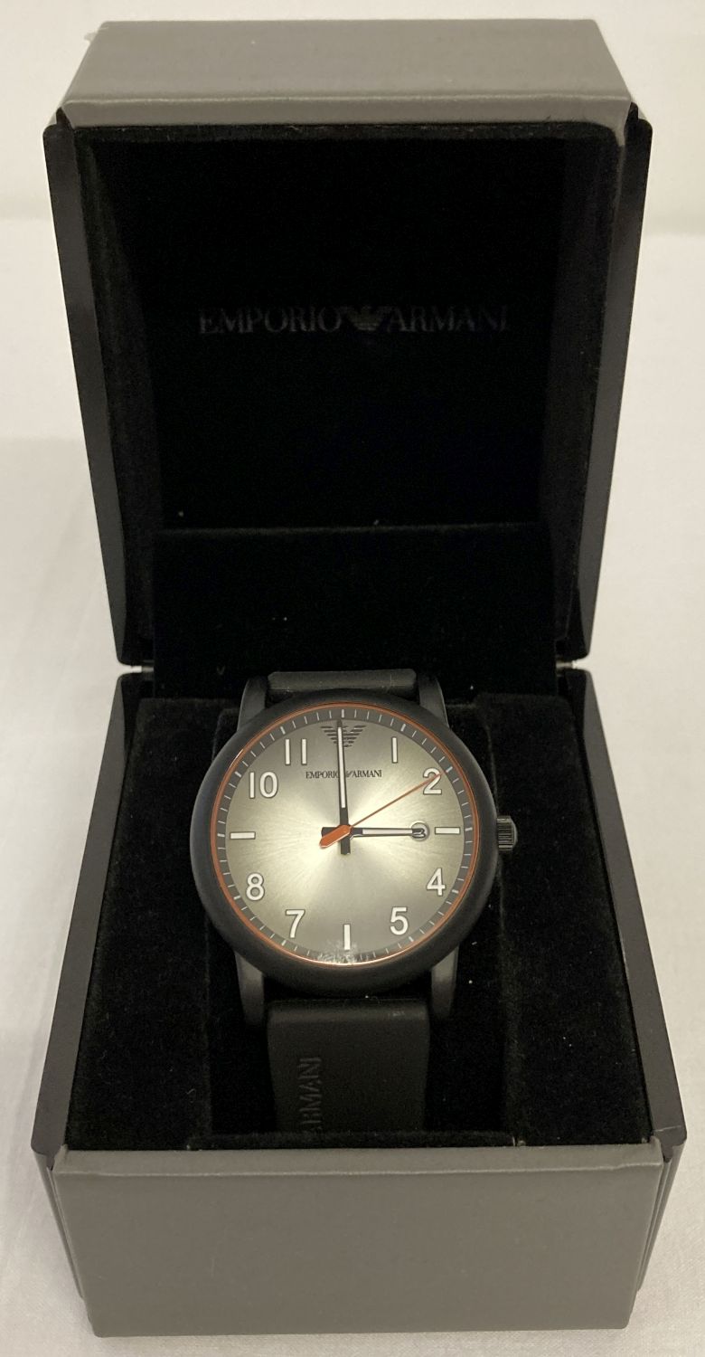 A boxed men's modern design wristwatch by Emporio Armani.