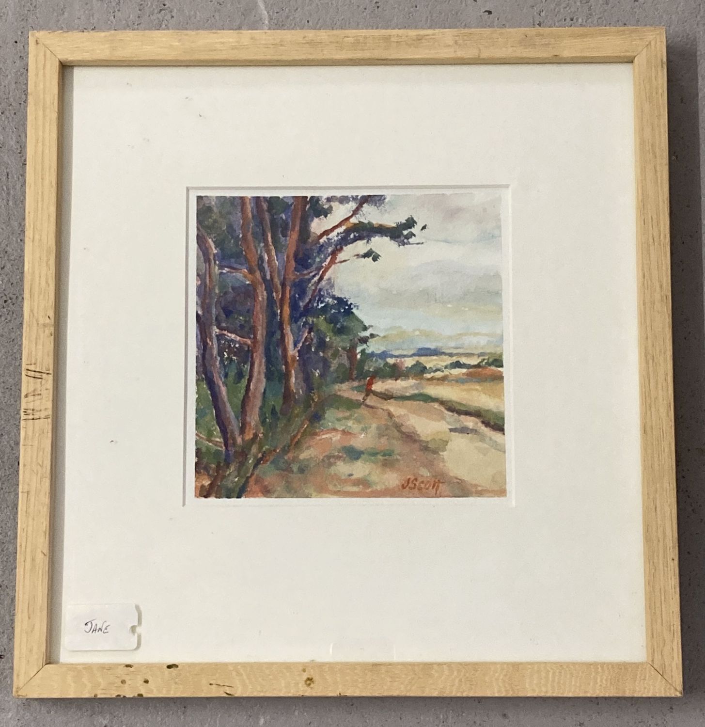 Judy Scott, Norfolk artist, gouache entitled "Track and Pinetree's near Stiffkey".