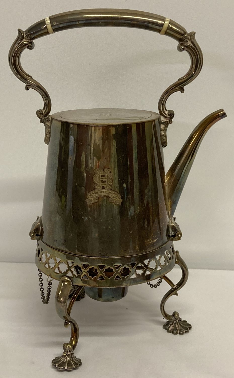 A vintage Mappin & Webb silver plate spirit kettle on stand with burner.