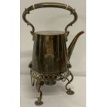 A vintage Mappin & Webb silver plate spirit kettle on stand with burner.