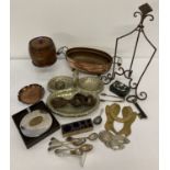 A box of mixed wooden and metal ware items.