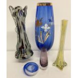 5 pieces of vintage coloured glass; 4 vases together with a small blue dish.