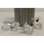 1 boxed and 2 unboxed Swarovski Crystal animal figurines; boxed hippo, koala bear and elephant.