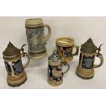 5 vintage ceramic steins, to include 2 musical lidded steins and a moustache stein.