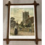 A framed and glazed vintage print of people in period dress leaving a rural church.