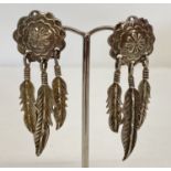 A pair of silver drop style screw back earrings in the shape of dreamcatchers.