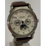 A men's chronograph automatic wrist watch by Ascot. White engine turned face with blue steel hands.