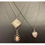 3 silver necklaces. A diamond shaped locket with floral engraving on a fine belcher chain.