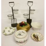 A box of glassware and ceramics. To include garden tool tealight holders,