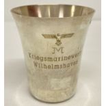 A German WWII style metal beaker with engraved detail for "Kriegsmarinewerft, Wilhelmshaven".