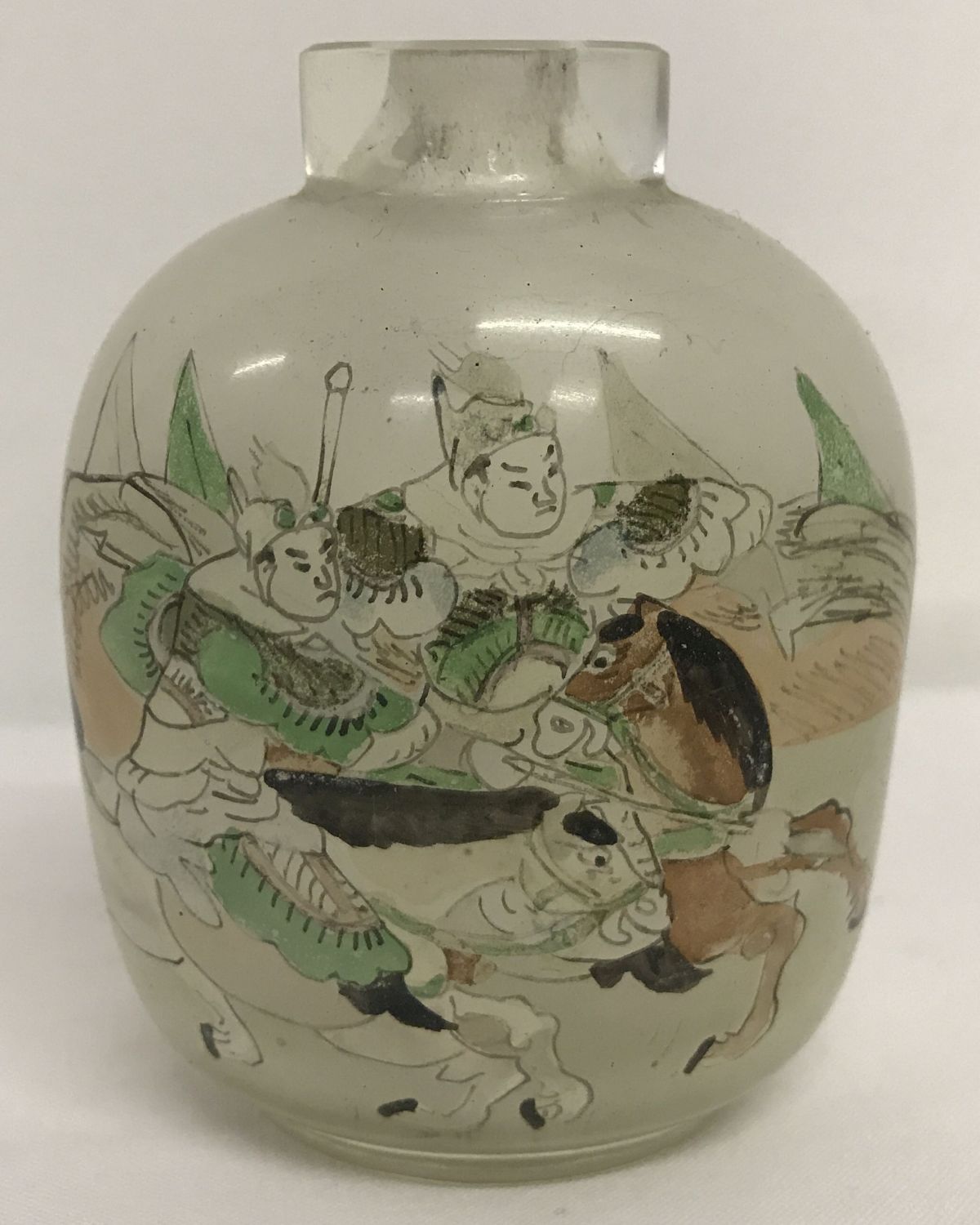 A small glass internal painted oriental scent bottle, stopper missing.