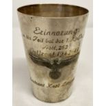 A WWII style German engraved metal beaker "My memories of the Eastern Front".