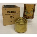 A metal lined Twinings wooden tea chest together with 2 tea caddy's.