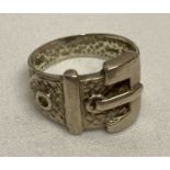 A vintage silver buckle dress ring with diamond shaped decoration.