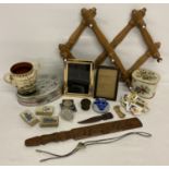 A box of assorted misc. items to include wooden items, stamps, coins and picture frames.