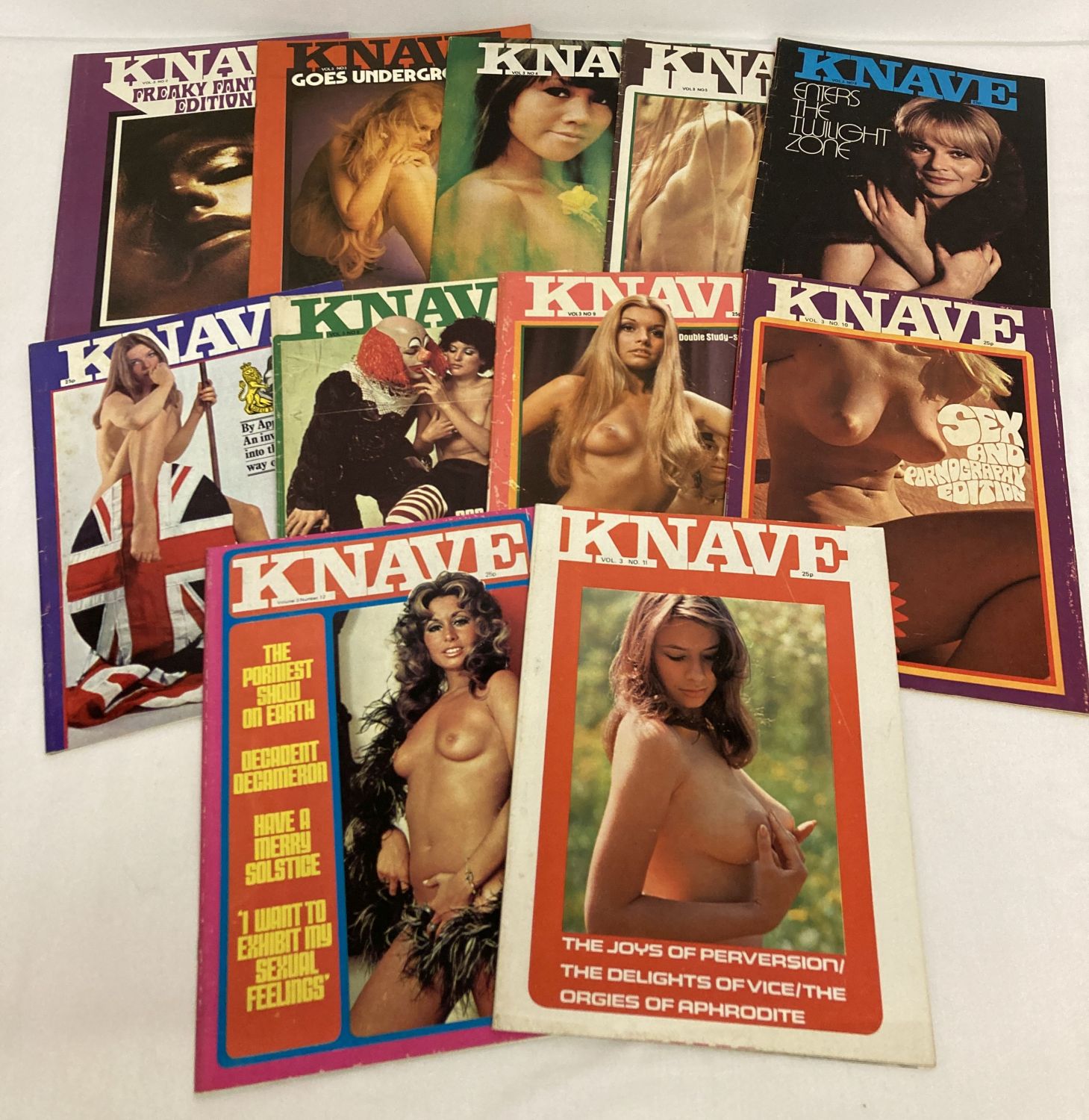 11 vintage issues of Knave, adult erotic magazine, dating from 1971.