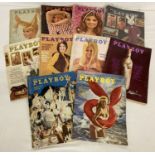10 vintage issues of Playboy; Entertainment for men magazine, dating from the 1960's and 70's.