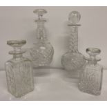 4 lead crystal and cut glass decanters complete with stoppers.