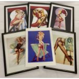 5 framed & glazed and 1 unframed vintage Pin-up girl prints by various artists.