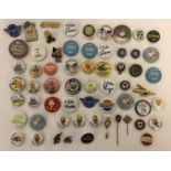 A collection of vintage pin badges to include WorldCup Willie, food advertising, children's clubs