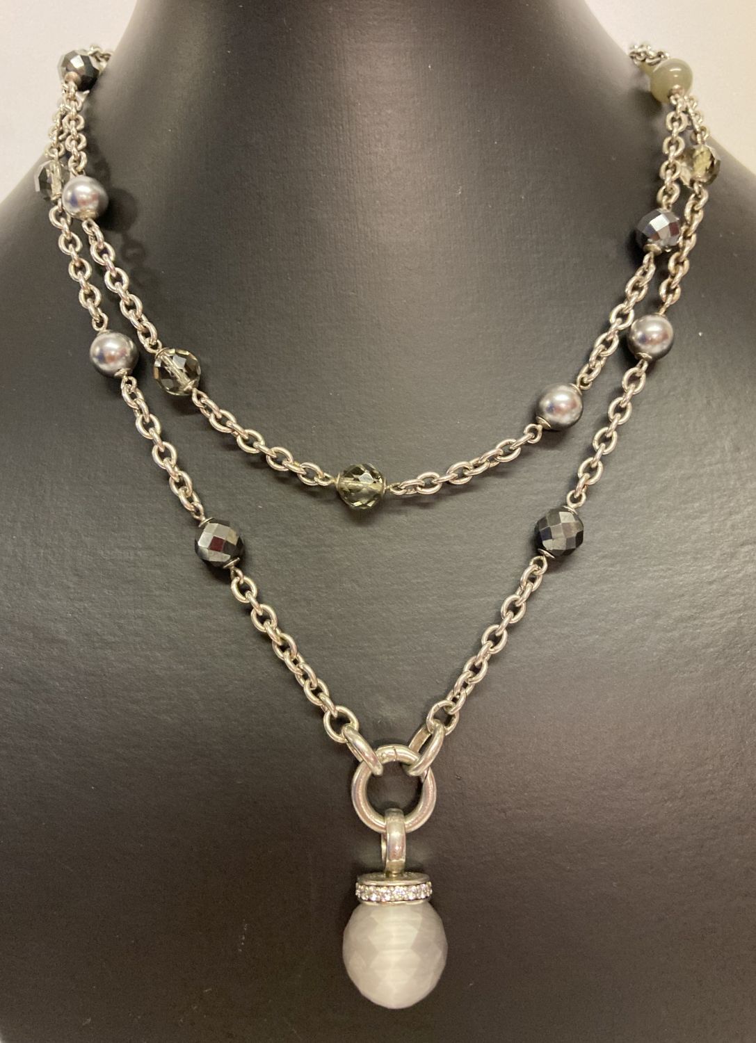 A Ti Sento 925 silver and bead necklace with grey quartz drop pendant.