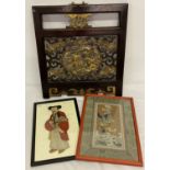 A carved wood Chinese wall hanging together with 2 framed & glazed Chinese silk pictures.