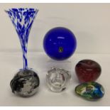 6 pieces of Langham glass. A blue glass ball and a mottled blue glass champagne flute.