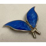 A vintage David Andersen silver and blue guilloche enamel double leaf brooch.