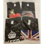 4 black t-shirts by Gildan all with printed designs to front. New in original packaging.