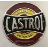 A painted aluminium Castrol circular shaped wall hanging advertising plaque.