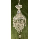 An unusual French Bobeche style 3 tier glass crystal chandelier with central ball drop.