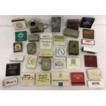 A small box of vintage advertising matches, match box holders and vesta cases.