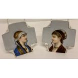 2 ceramic pin dishes depicting ladies in period dress, both with hand painted detail.