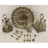 2 silver plate and glass cruet sets together with a collection of other silver plated items.