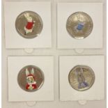 4 Beatrix Potter 50p coins depicting Peter Rabbit, from 2016 & 2017, with coloured decals.