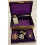 A vintage purple velvet and silk lined jewellery box and contents.