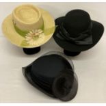 3 ladies hats. A summer straw hat with green chiffon ribbon and flower detail.